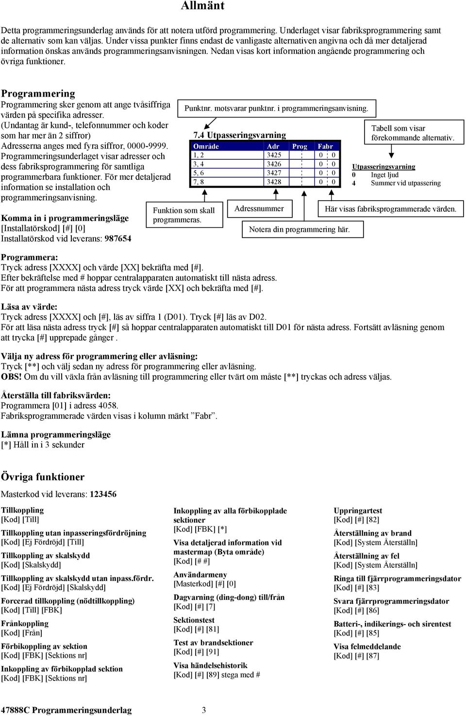 Nedan visas kort information angående programmering och övriga funktioner. Programmering Programmering sker genom att ange tvåsiffriga värden på specifika adresser.