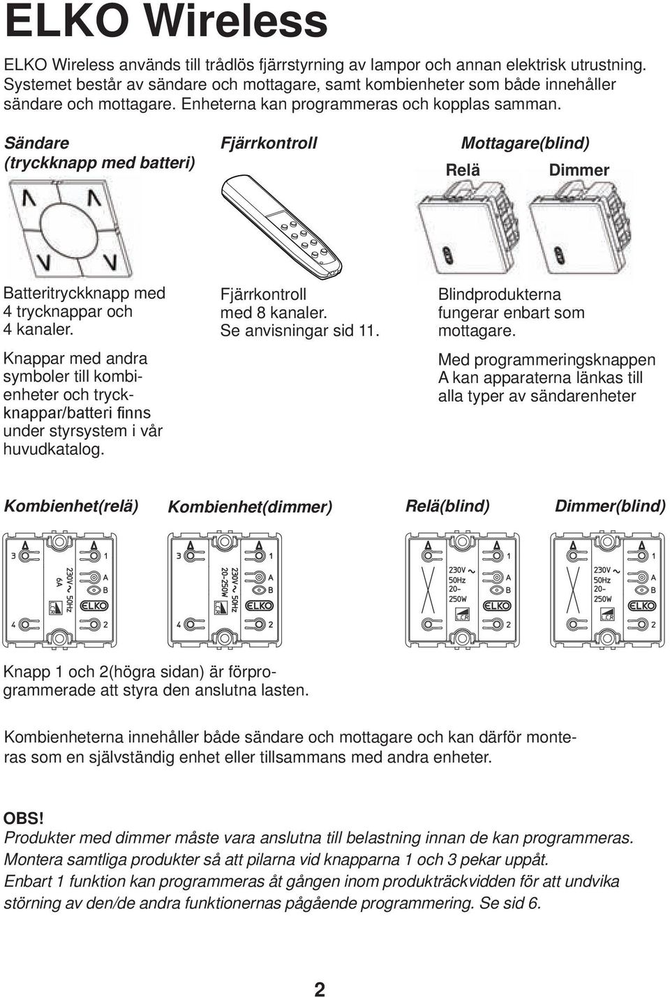 Sändare Fjärrkontroll Mottagare(blind) (tryckknapp med batteri) Relä Dimmer atteritryckknapp med 4 trycknappar och 4 kanaler.