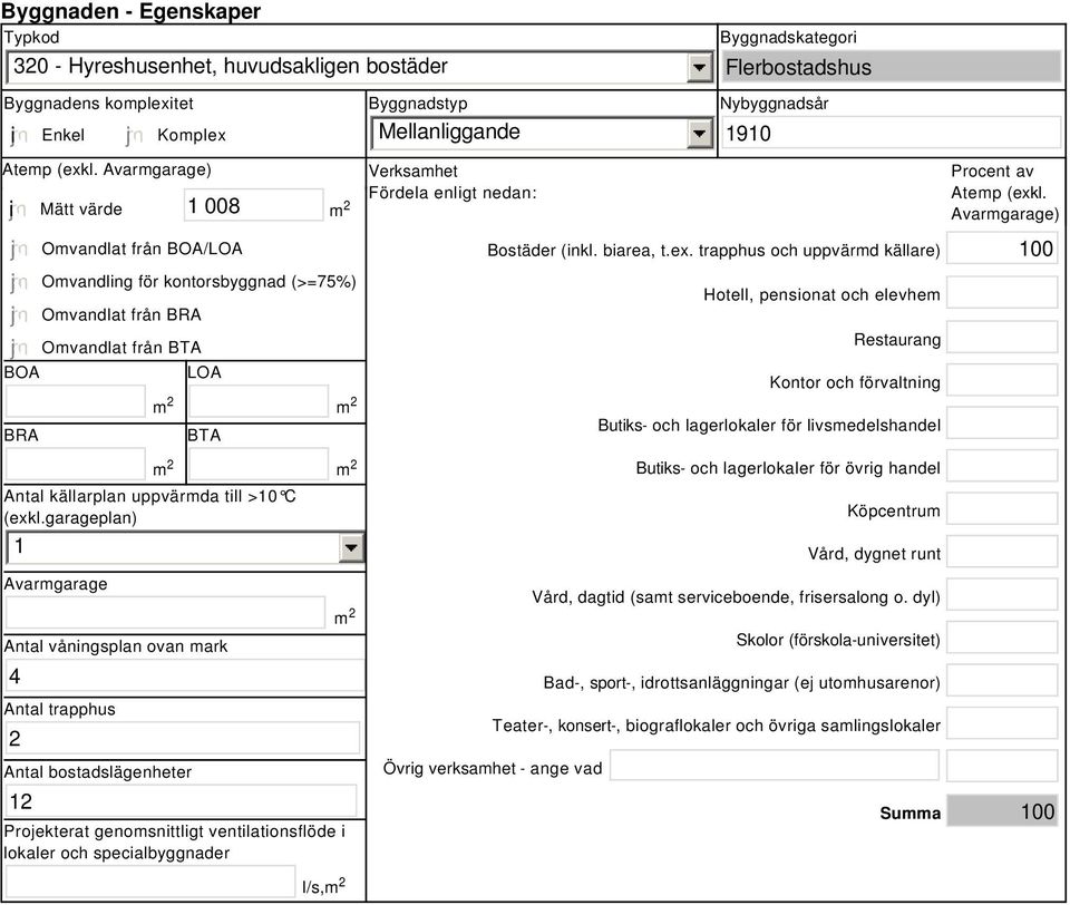 garageplan) Avarmgarage Antal våningsplan ovan mark 4 Antal trapphus 2 Antal bostadslägenheter 2 Projekterat genomsnittligt ventilationsflöde i lokaler och specialbyggnader l/s, Verksamhet Fördela