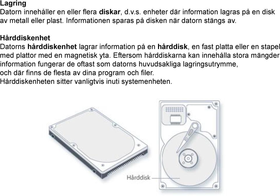 Hårddiskenhet Datorns hårddiskenhet lagrar information på en hårddisk, en fast platta eller en stapel med plattor med en magnetisk yta.