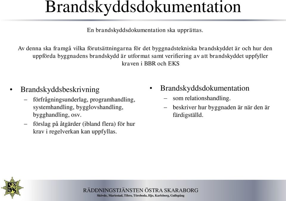 samt verifiering av att brandskyddet uppfyller kraven i BBR och EKS Brandskyddsbeskrivning förfrågningsunderlag, programhandling,