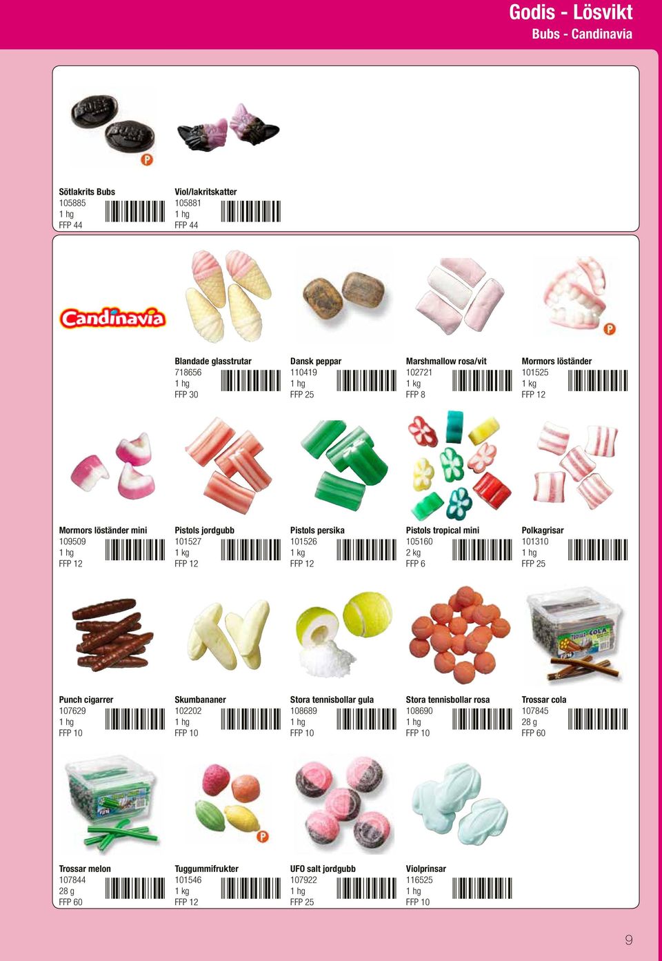 kg FFP 12 Pistols tropical mini 105160 2 kg FFP 6 Polkagrisar 101310 Punch cigarrer 107629 Skumbananer 102202 Stora tennisbollar gula 108689 Stora