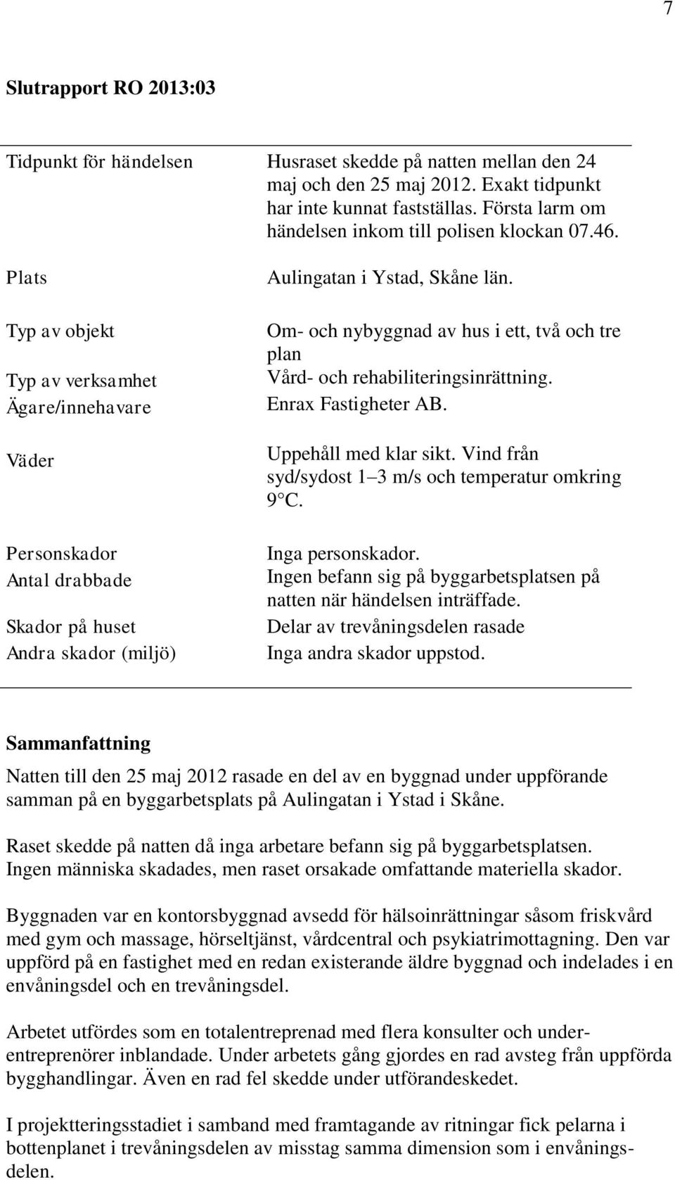 Plats Typ av objekt Typ av verksamhet Ägare/innehavare Väder Personskador Antal drabbade Skador på huset Andra skador (miljö) Aulingatan i Ystad, Skåne län.