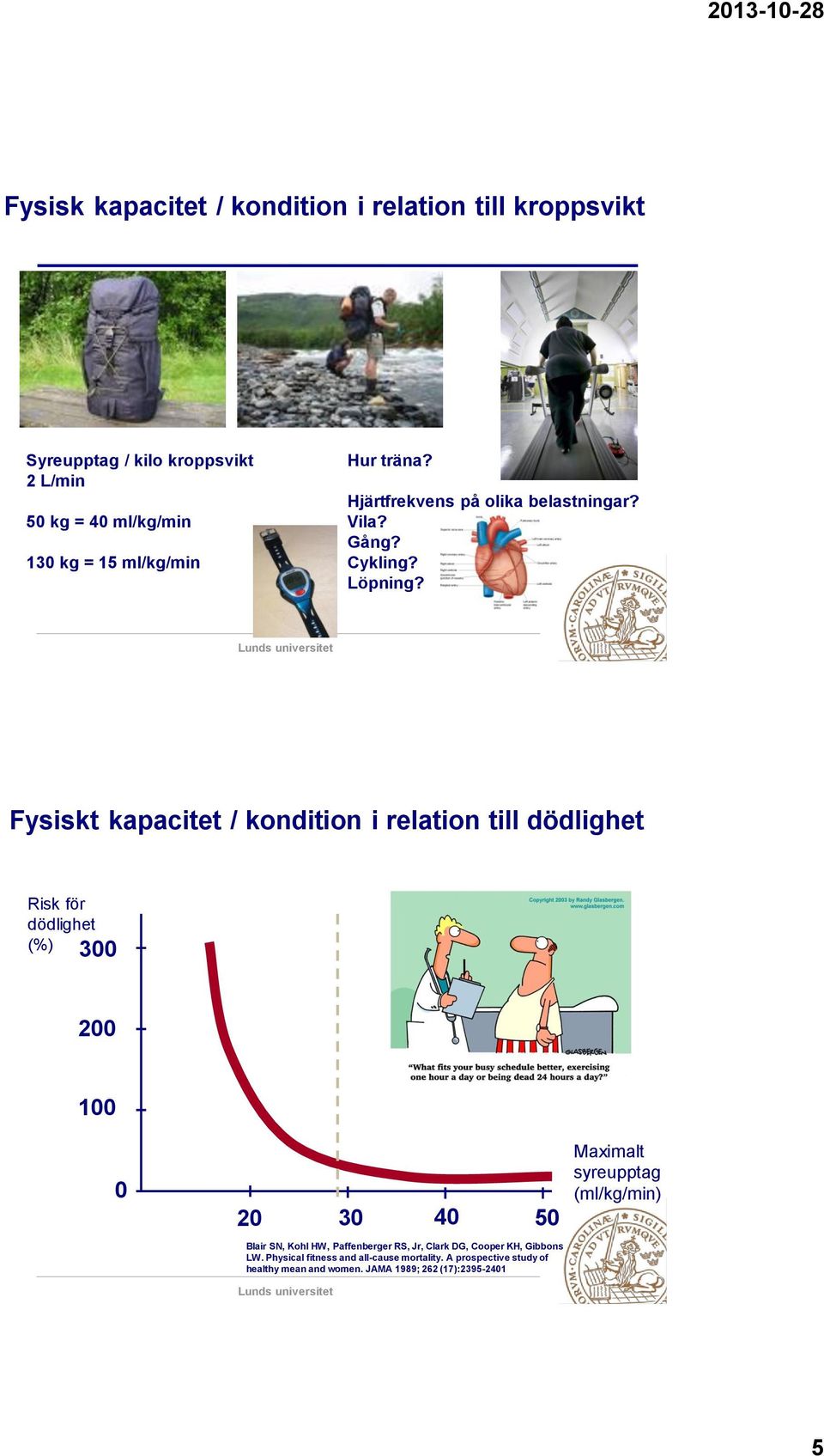 Fysiskt kapacitet / kondition i relation till dödlighet Risk för dödlighet (%) 300 200 100 0 20 30 40 50 Blair SN, Kohl HW,