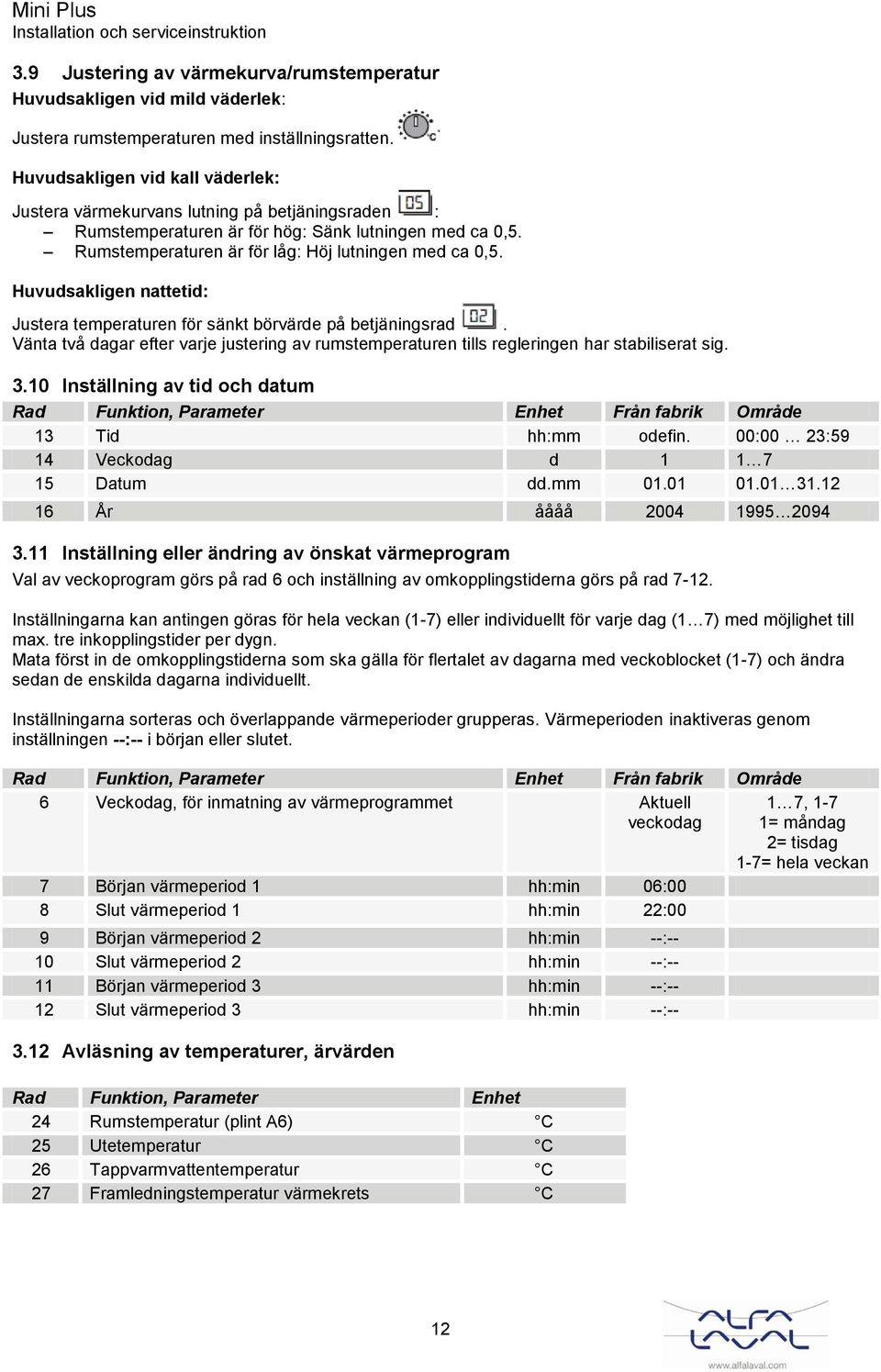 Huvudsakligen nattetid: Justera temperaturen för sänkt börvärde på betjäningsrad. Vänta två dagar efter varje justering av rumstemperaturen tills regleringen har stabiliserat sig. 3.