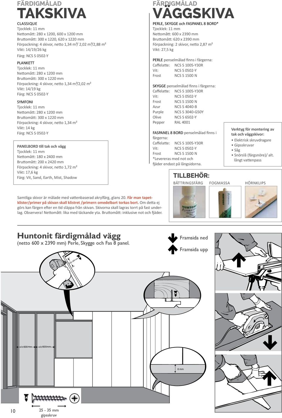 Bruttomått: 300 x 1220 Förpackning: 4 skivor, netto 1,34 m² Vikt: 14 kg Färg: NCS S 0502-Y PANELBORD till tak och vägg Tjocklek: 11 Nettomått: 180 x 2400 Bruttomått: 200 x 2420 Förpackning: 4 skivor,