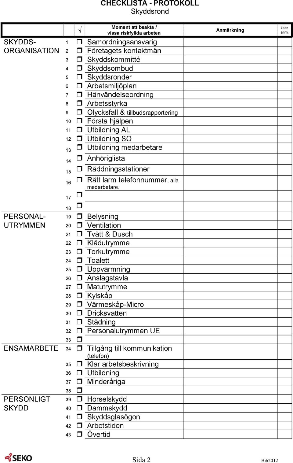 17 18 PERSONAL- 19 Belysning UTRYMMEN 20 Ventilation 21 Tvätt & Dusch 22 Klädutrymme 23 Torkutrymme 24 Toalett 25 Uppvärmning 26 Anslagstavla 27 Matutrymme 28 Kylskåp 29 Värmeskåp-Micro 30