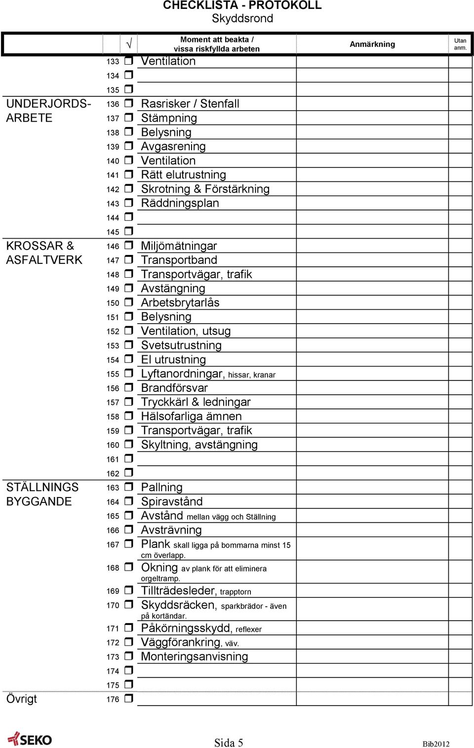 Svetsutrustning 154 El utrustning STÄLLNINGS BYGGANDE 155 Lyftanordningar, hissar, kranar 156 Brandförsvar 157 Tryckkärl & ledningar 158 Hälsofarliga ämnen 159 Transportvägar, trafik 160 Skyltning,