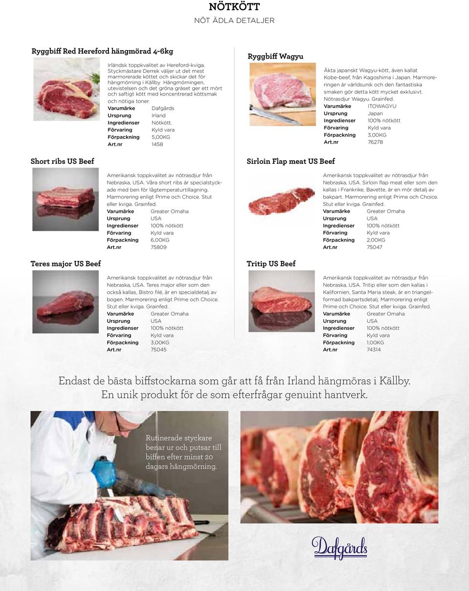 köttsmak och nötiga toner. Ursprung Irland Ingredienser Nötkött. Förpackning 5,00KG Art.nr 1458 Ryggbiff Wagyu Äkta japanskt Wagyu-kött, även kallat Kobe-beef, från Kagoshima i Japan.