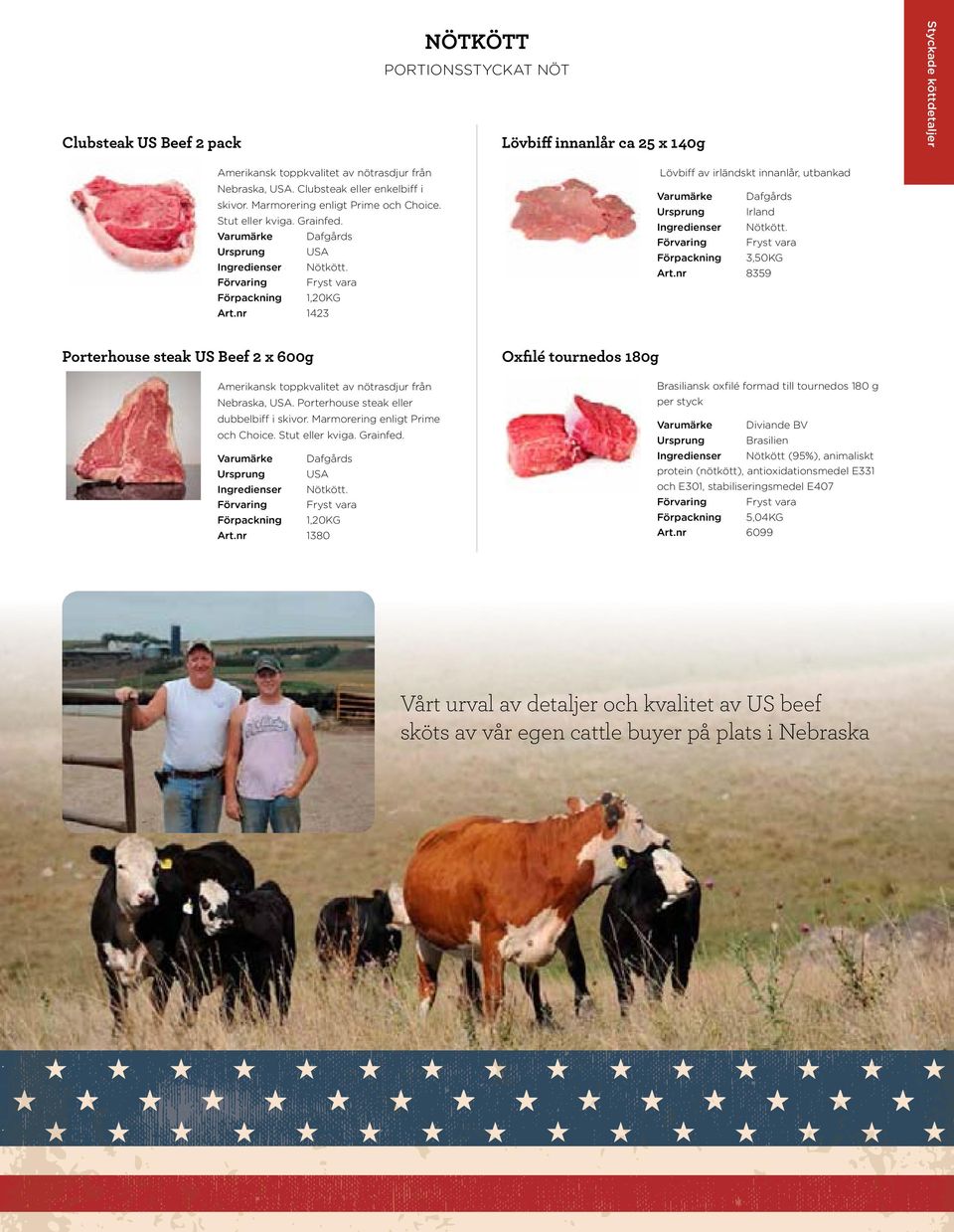 nr 1423 Porterhouse steak US Beef 2 x 600g Nebraska, USA. Porterhouse steak eller dubbelbiff i skivor. Marmorering enligt Prime och Choice. Stut eller kviga. Grainfed. Ingredienser Nötkött.