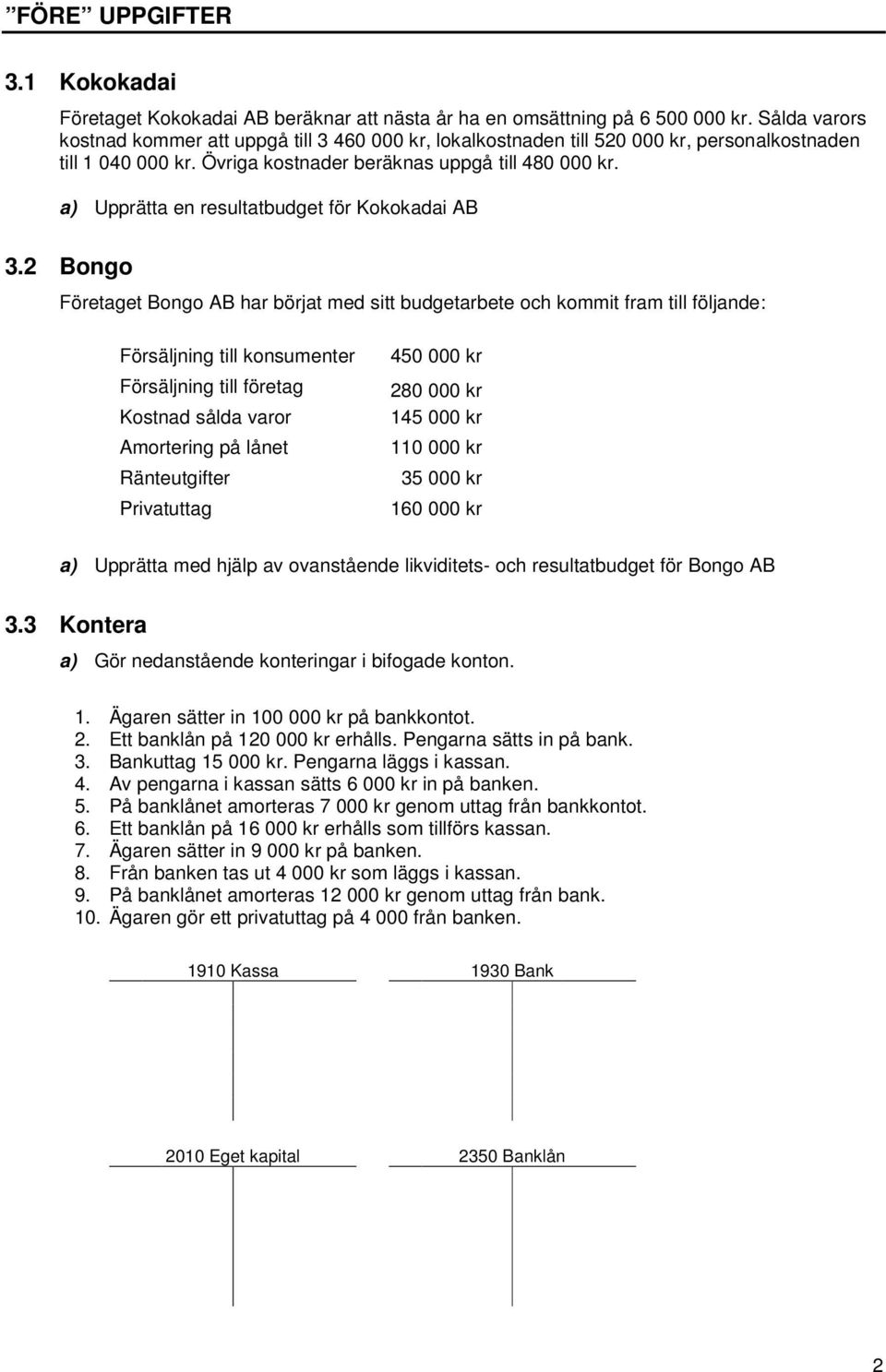 a) Upprätta en resultatbudget för Kokokadai AB 3.