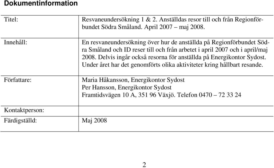 En resvaneundersökning över hur de anställda på Regionförbundet Södra Småland och ID reser till och från arbetet i april 2007 och i april/maj 2008.