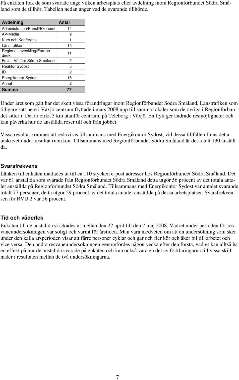 Sydost 16 Annat 2 Summa 77 Under året som gått har det skett vissa förändringar inom Regionförbundet Södra Småland, Länstrafiken som tidigare satt nere i Växjö centrum flyttade i mars 2008 upp till