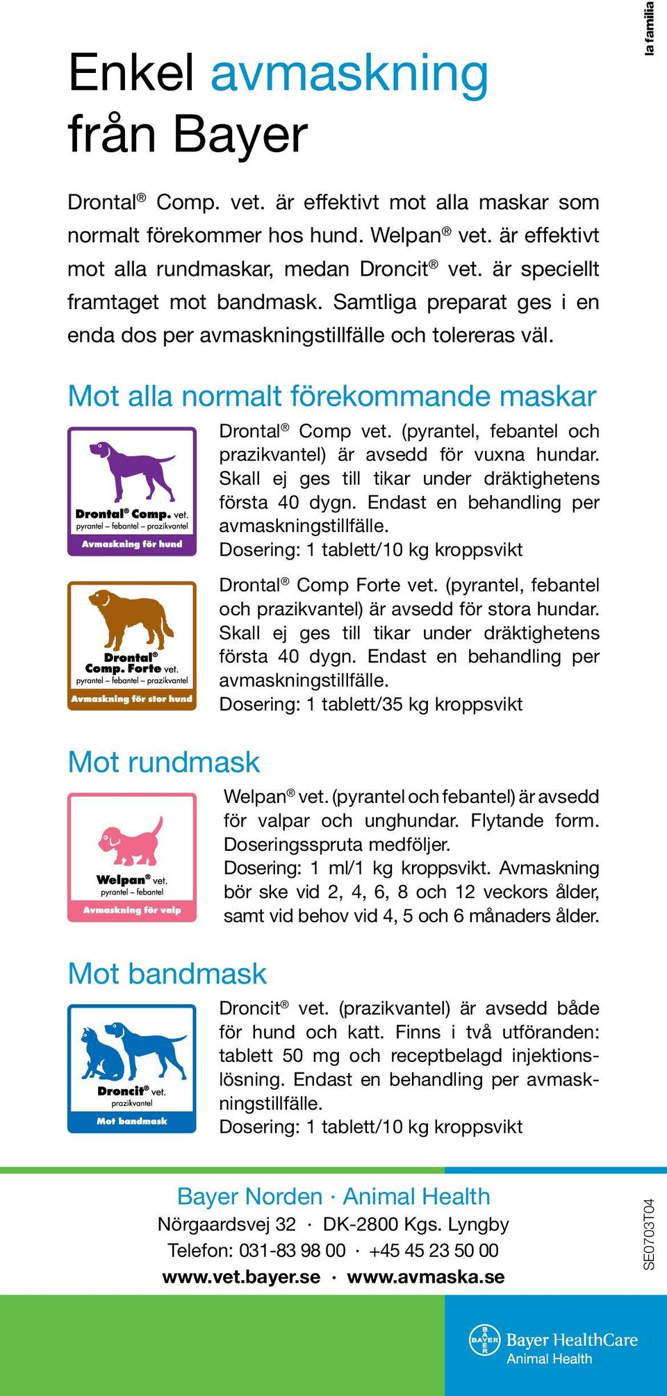 (pyrantel, febantel och prazikvantel) är avsedd för vuxna hundar. Skall ej ges till tikar under dräktighetens första 40 dygn. Endast en behandling per avmaskningstillfälle.