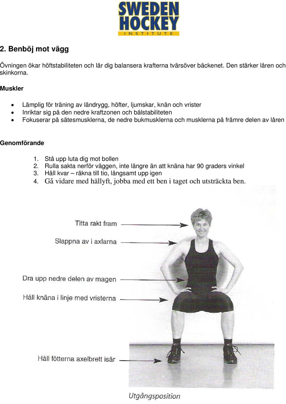 sätesmusklerna, de nedre bukmusklerna och musklerna på främre delen av låren 1. Stå upp luta dig mot bollen 2.