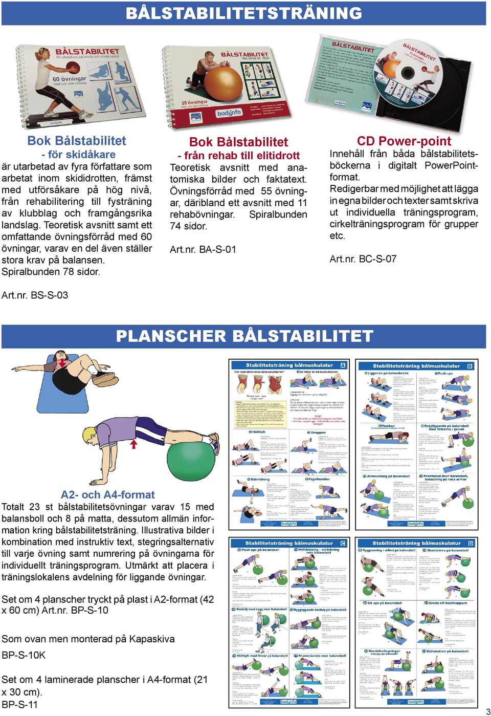 BS-S-03 Bok Bålstabilitet - från rehab till elitidrott Teoretisk avsnitt med anatomiska bilder och faktatext. Övningsförråd med 55 övningar, däribland ett avsnitt med 11 rehabövningar.