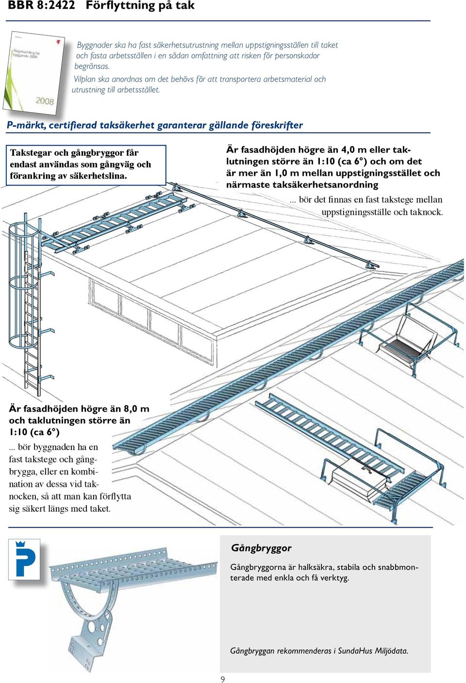 P-märkt, certifierad taksäkerhet garanterar gällande föreskrifter Takstegar och gångbryggor får endast användas som gångväg och förankring av säkerhetslina.