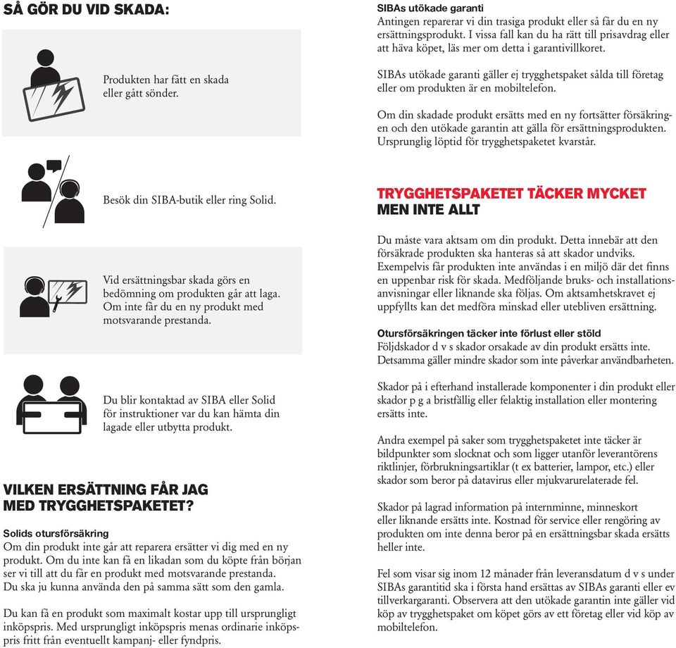 SIBAs utökade garanti gäller ej trygghetspaket sålda till företag eller om produkten är en mobiltelefon.