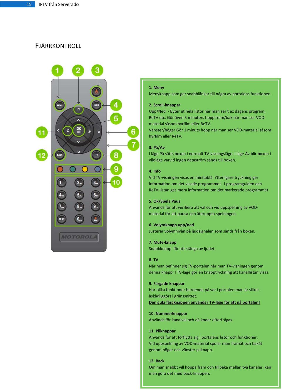 På/Av I läge På sätts boxen i normalt TV visningsläge. I läge Av blir boxen i viloläge varvid ingen dataström sänds till boxen. 4. Info Vid TV visningen visas en minitablå.