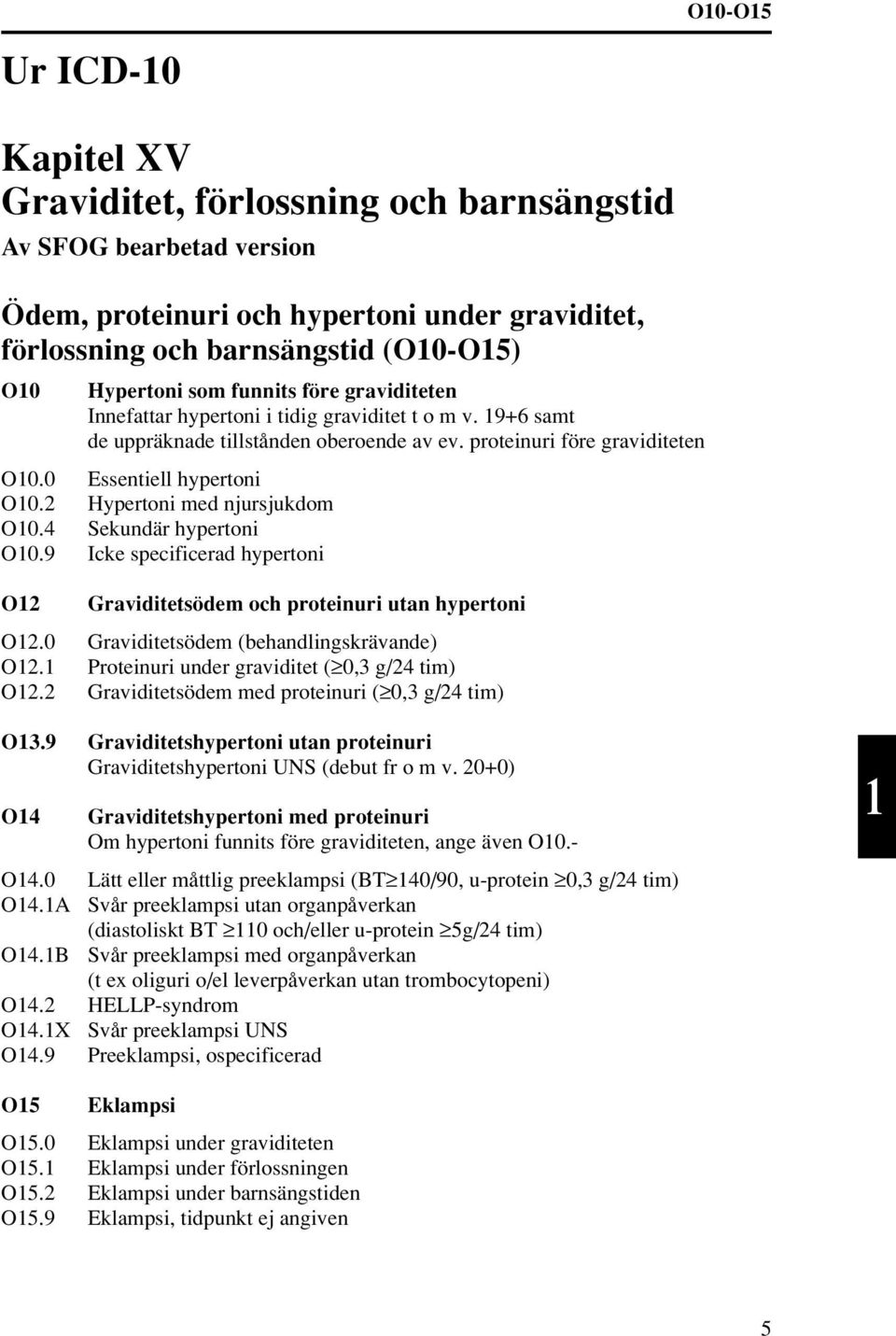 Hypertoni med njursjukdom O10.4 Sekundär hypertoni O10.9 Icke specificerad hypertoni O1 Graviditetsödem och proteinuri utan hypertoni O1.0 Graviditetsödem (behandlingskrävande) O1.