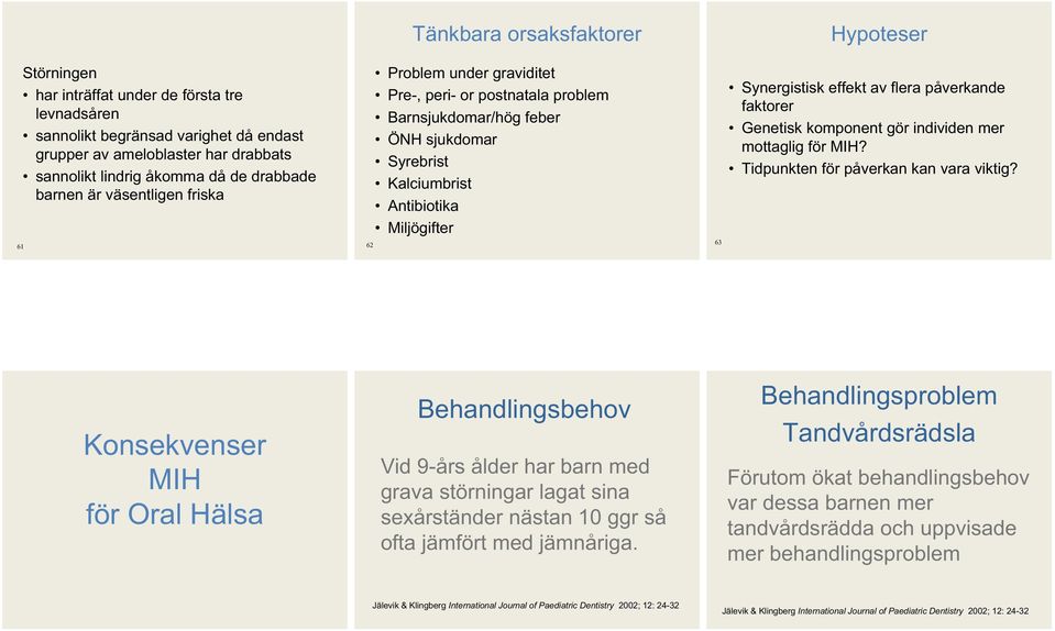 Synergistisk effekt av flera påverkande faktorer Genetisk komponent gör individen mer mottaglig för MIH? Tidpunkten för påverkan kan vara viktig?