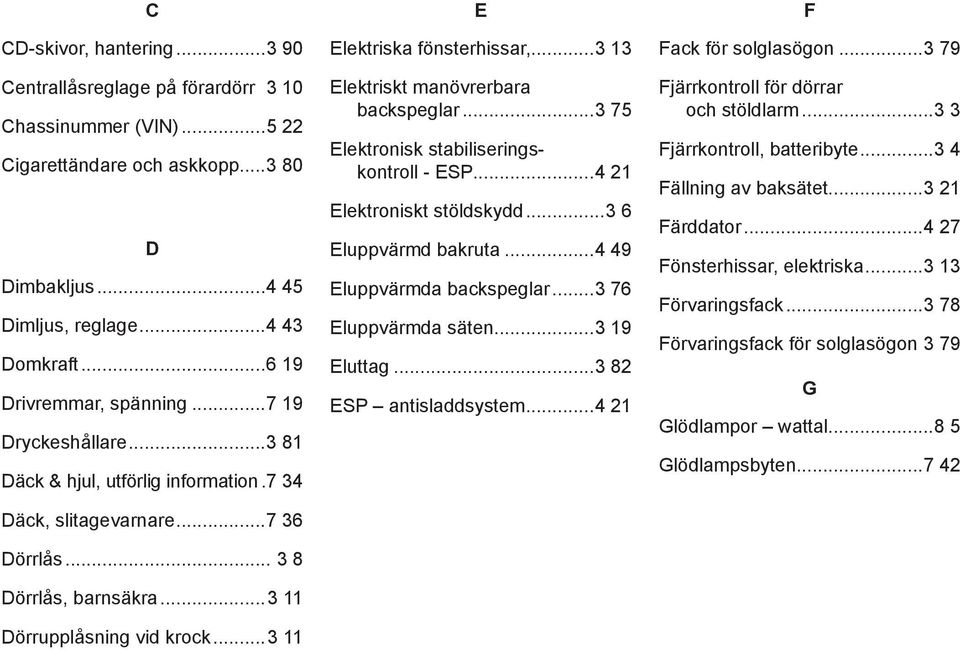 ..3 11 E Elektriska fönsterhissar,...3 13 Elektriskt manövrerbara backspeglar...3 75 Elektronisk stabiliseringskontroll - ESP...4 21 Elektroniskt stöldskydd...3 6 Eluppvärmd bakruta.