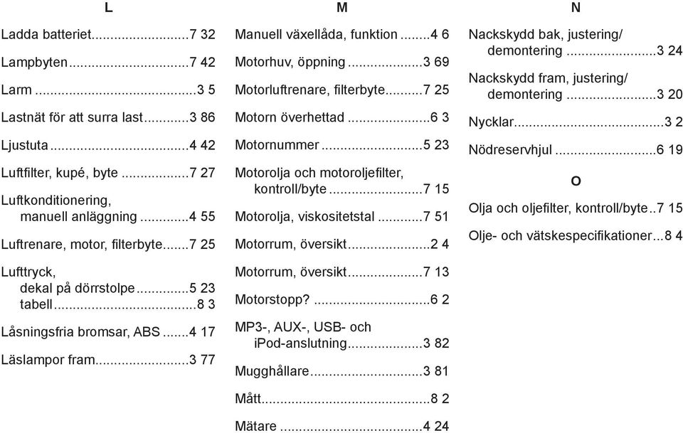 ..4 6 Motorhuv, öppning...3 69 Motorluftrenare, filterbyte...7 25 Motorn överhettad...6 3 Motornummer...5 23 Motorolja och motoroljefilter, kontroll/byte...7 15 Motorolja, viskositetstal.