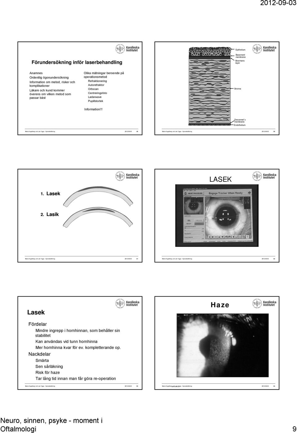 !! Descemet s membrane Endothelium Maria Kugelberg och Jan Ygge - Synnedsättning 2012-09-03 49 Maria Kugelberg och Jan Ygge - Synnedsättning 2012-09-03 50 LASEK 1. Lasek 2.