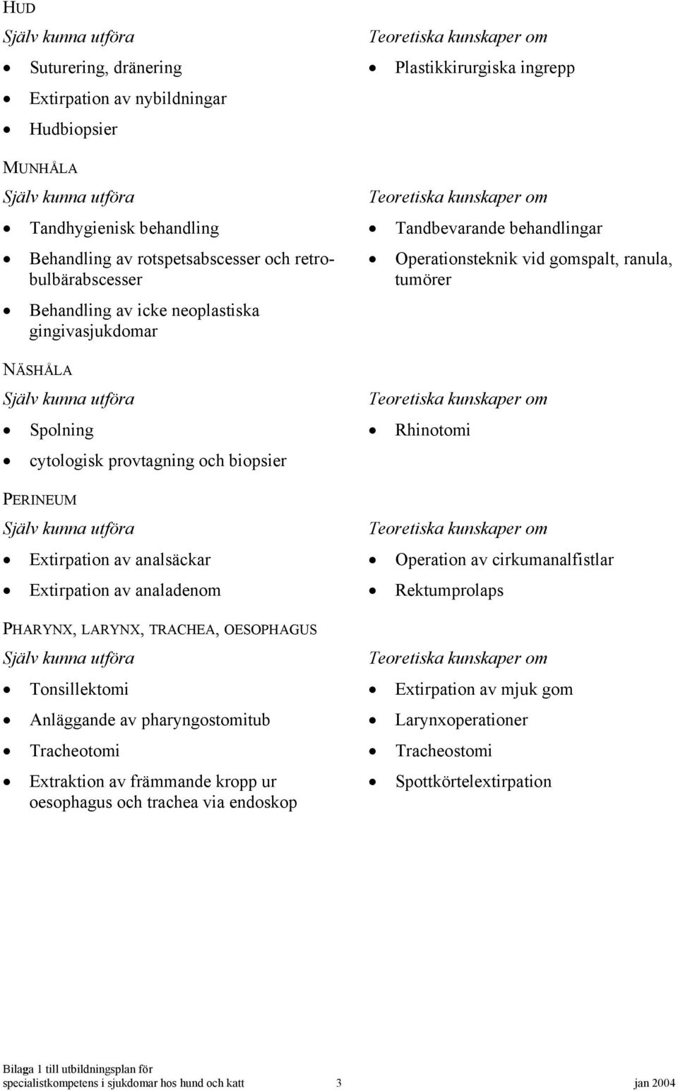 av pharyngostomitub Tracheotomi Extraktion av främmande kropp ur oesophagus och trachea via endoskop Plastikkirurgiska ingrepp Tandbevarande behandlingar Operationsteknik vid gomspalt, ranula,