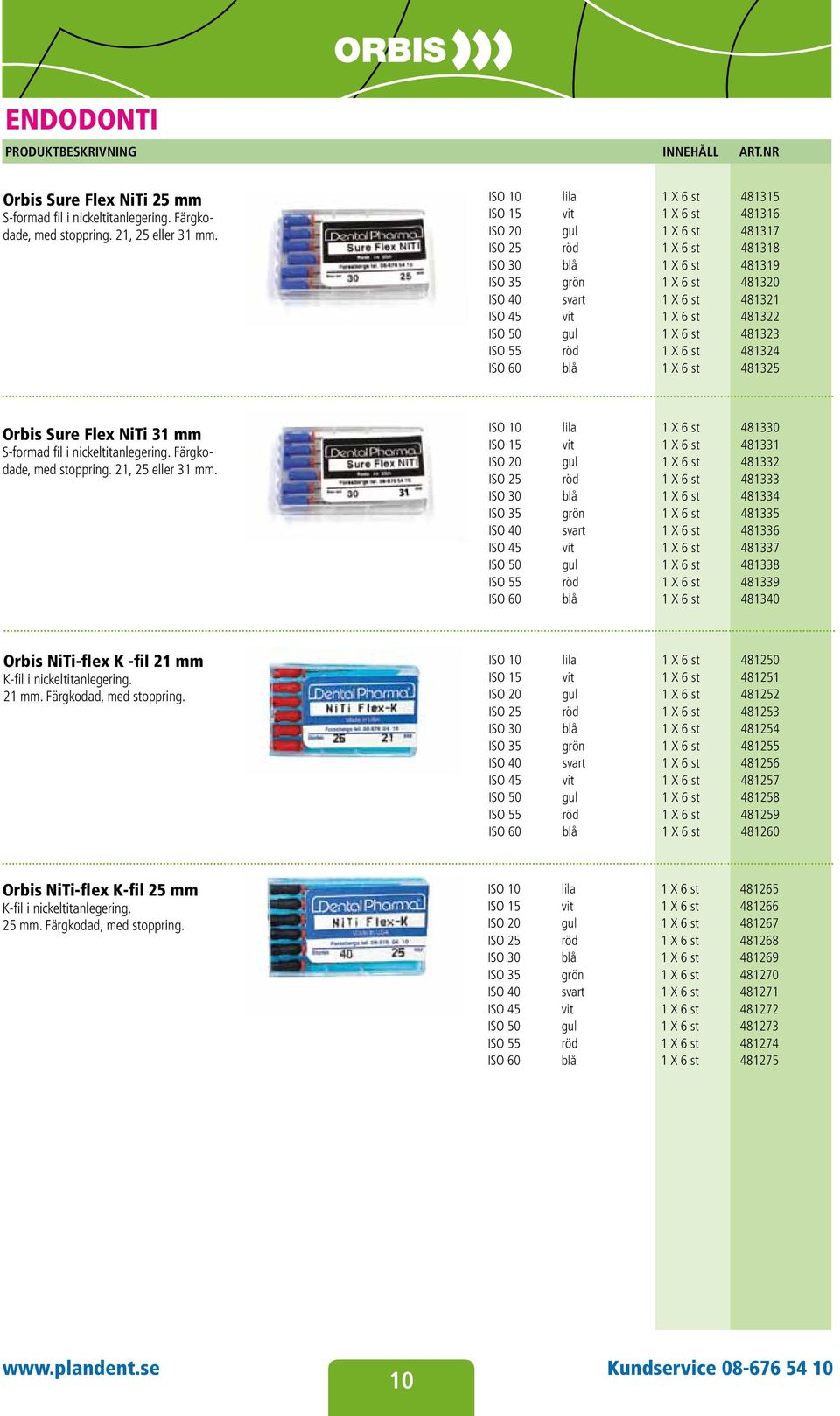 vit 1 X 6 st 481322 ISO 50 gul 1 X 6 st 481323 ISO 55 röd 1 X 6 st 481324 ISO 60 blå 1 X 6 st 481325 Orbis Sure Flex NiTi 31 mm S-formad fil i nickeltitanlegering. Färgkodade, med stoppring.