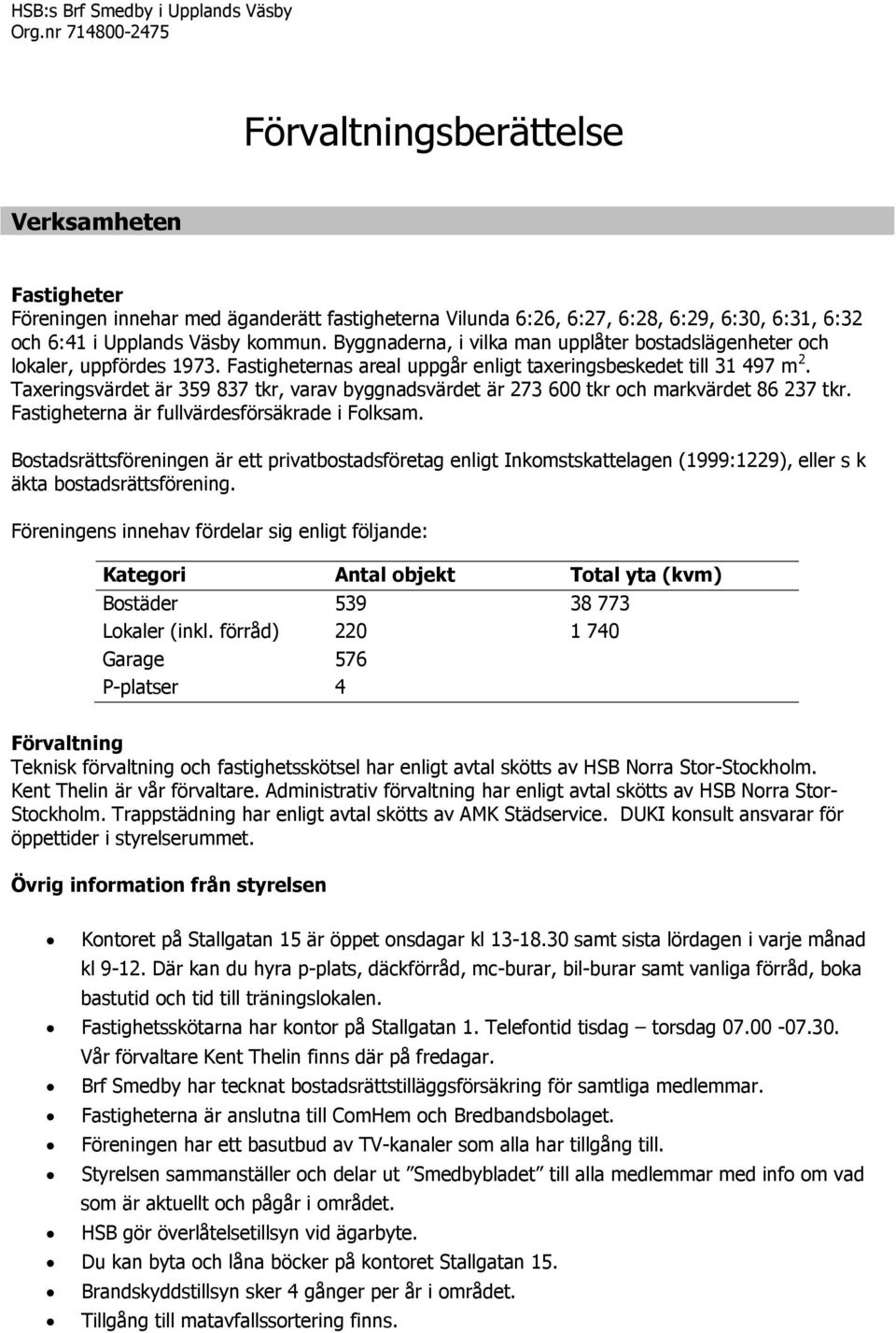 Byggnaderna, i vilka man upplåter bostadslägenheter och lokaler, uppfördes 1973. Fastigheternas areal uppgår enligt taxeringsbeskedet till 31 497 m 2.