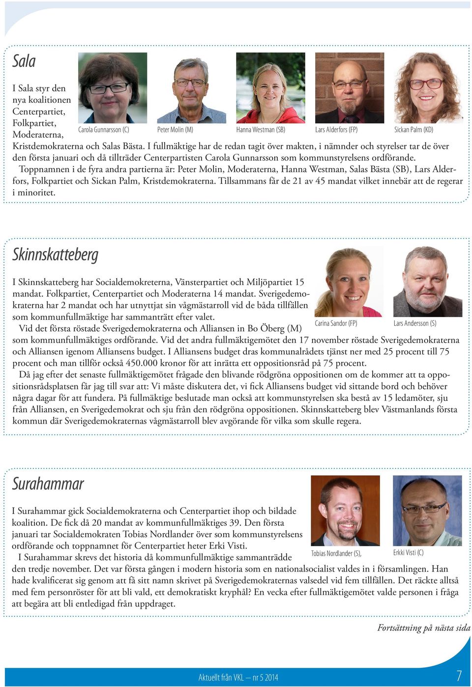 Toppnamnen i de fyra andra partierna är: Peter Molin, Moderaterna, Hanna Westman, Salas Bästa (SB), Lars Alderfors, Folkpartiet och Sickan Palm, Kristdemokraterna.