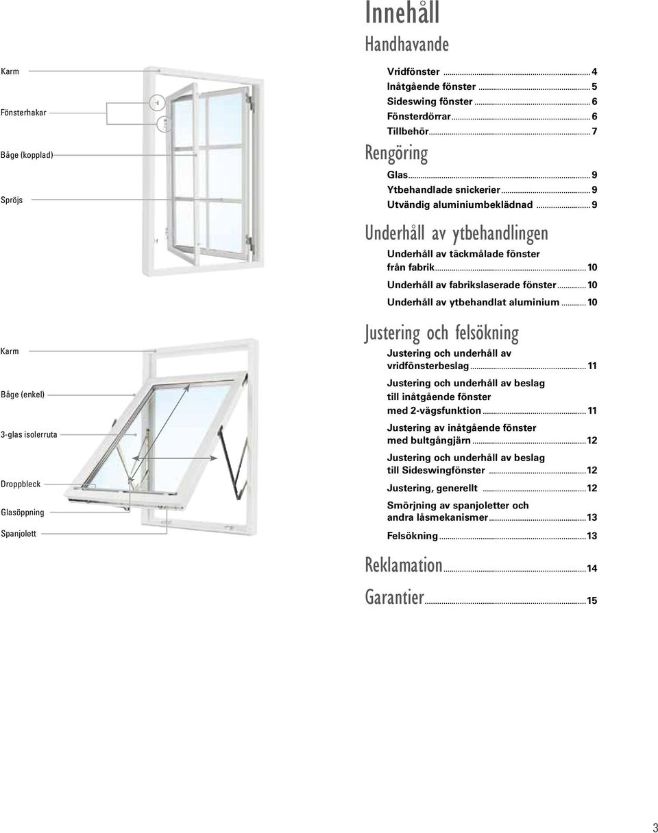 ..10 Underhåll av fabrikslaserade fönster...10 Underhåll av ytbehandlat aluminium...10 Justering och felsökning Justering och underhåll av vridfönsterbeslag.