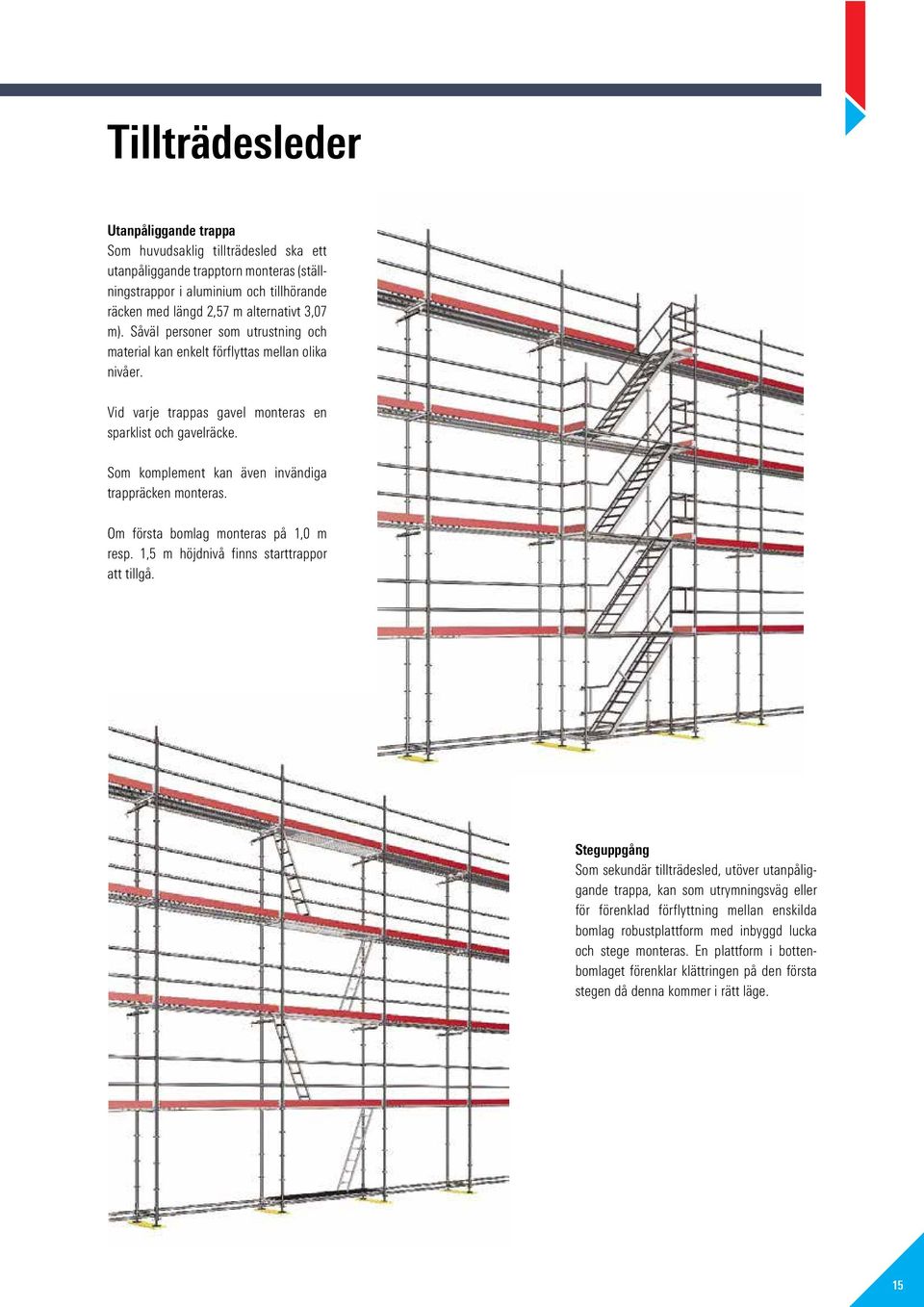 Som komplement kan även invändiga trappräcken monteras. Om första bomlag monteras på 1,0 m resp. 1,5 m höjdnivå finns starttrappor att tillgå.