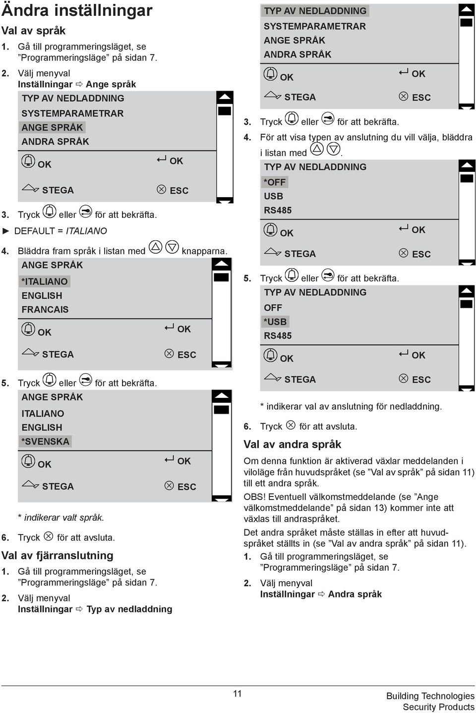 TYP AV NEDLADDNING *OFF USB RS485 TYP AV NEDLADDNING OFF *USB RS485 ITALIANO ENGLISH *SVENSKA * indikerar valt språk. 6. Tryck för att avsluta.