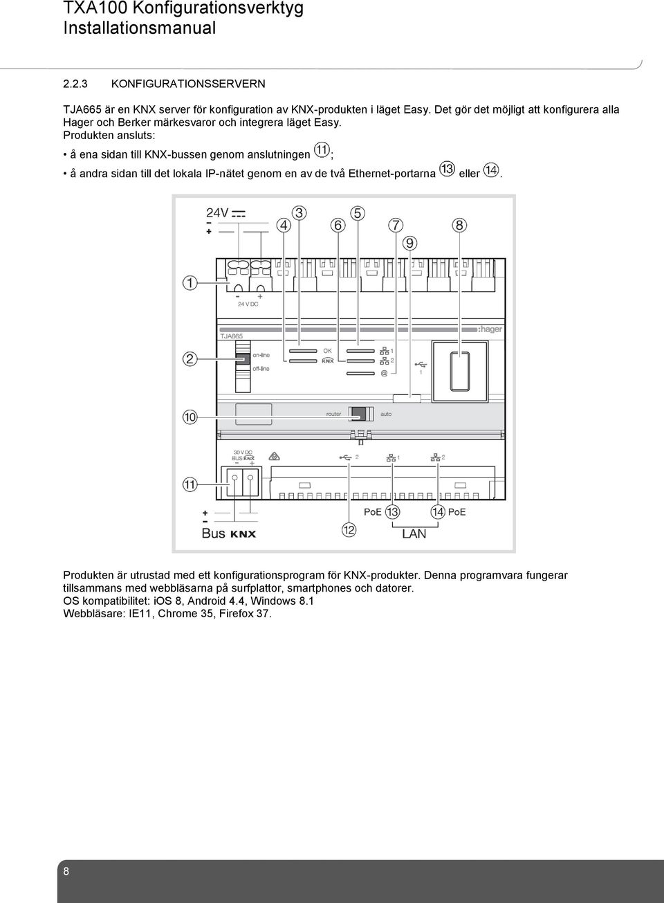 Produkten ansluts: å ena sidan till KNX-bussen genom anslutningen ; å andra sidan till det lokala IP-nätet genom en av de två Ethernet-portarna eller.