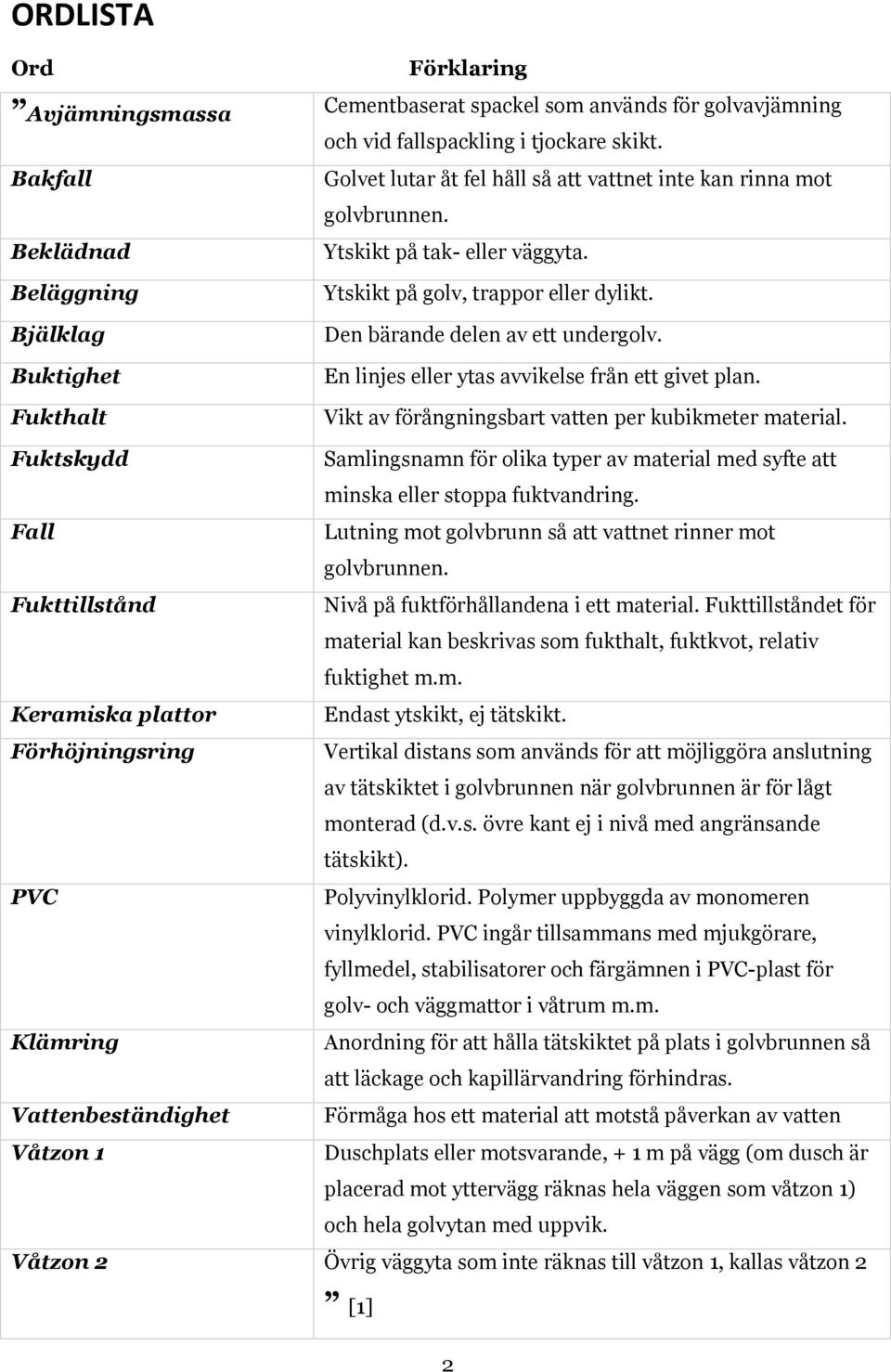 En linjes eller ytas avvikelse från ett givet plan. Vikt av förångningsbart vatten per kubikmeter material.