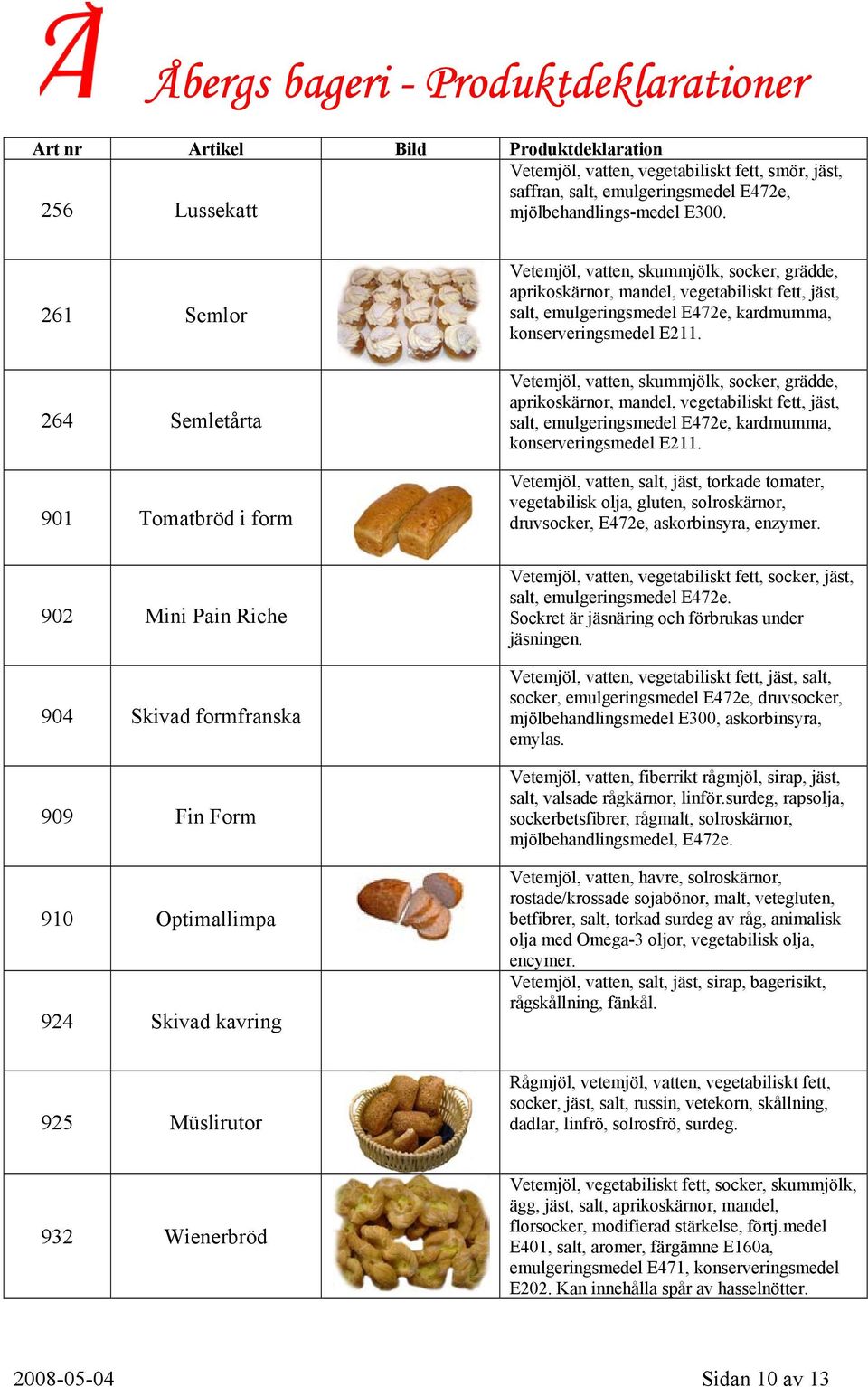 konserveringsmedel E211. Vetemjöl, vatten, skummjölk, socker, grädde, aprikoskärnor, mandel, vegetabiliskt fett, jäst, salt, emulgeringsmedel E472e, kardmumma, konserveringsmedel E211.