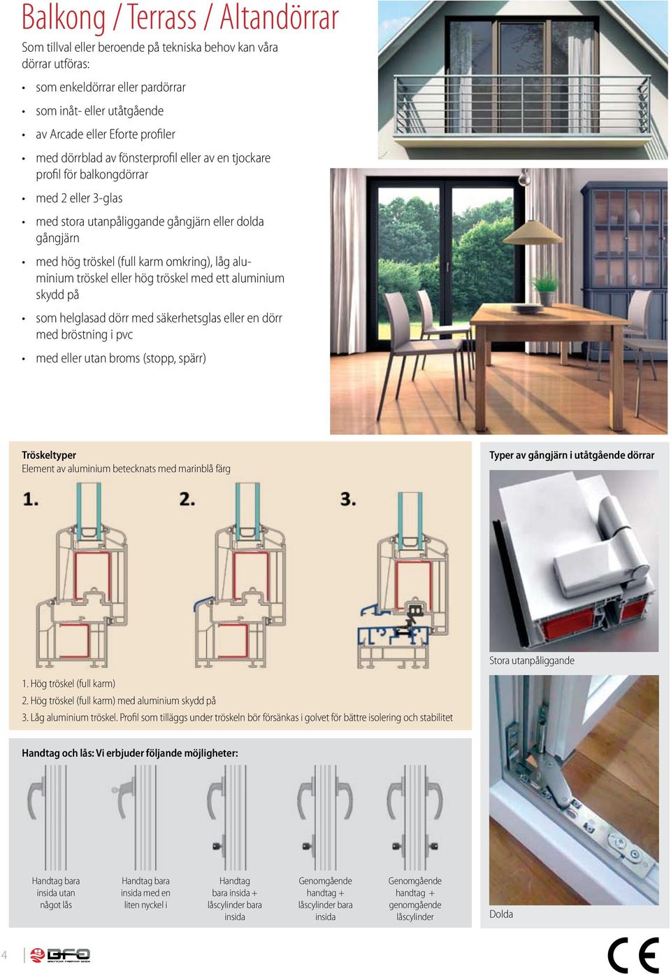 tröskel eller hög tröskel med ett aluminium skydd på som helglasad dörr med säkerhetsglas eller en dörr med bröstning i pvc med eller utan broms (stopp, spärr) Tröskeltyper Element av aluminium