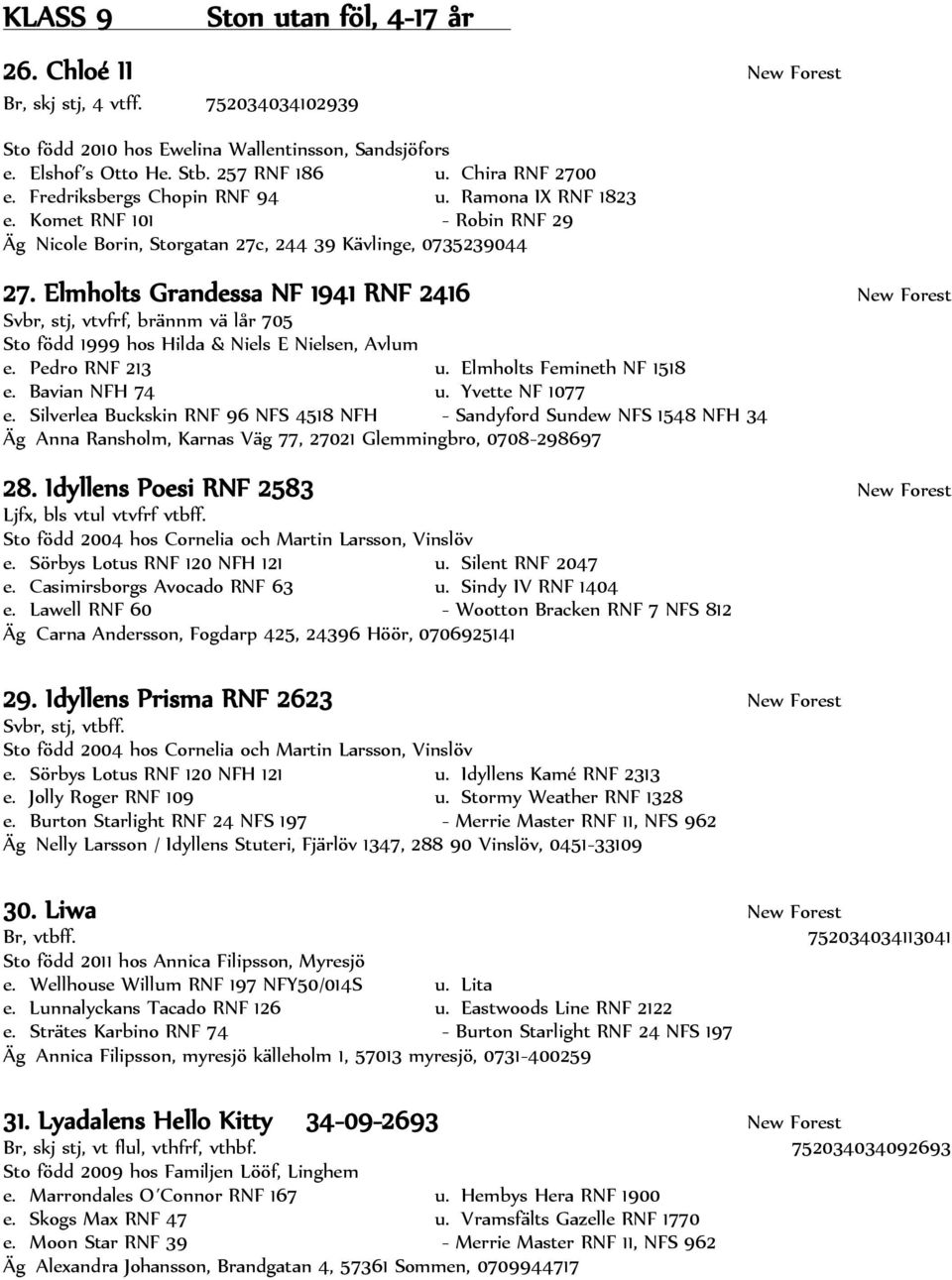 Elmholts Grandessa NF 1941 RNF 2416 New Forest Svbr, stj, vtvfrf, brännm vä lår 705 Sto född 1999 hos Hilda & Niels E Nielsen, Avlum e. Pedro RNF 213 u. Elmholts Femineth NF 1518 e. Bavian NFH 74 u.