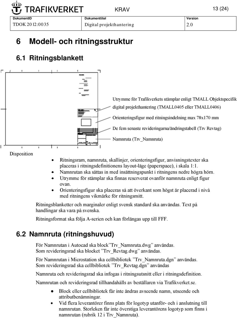 senaste revideringarna/ändringstabell (Trv Revtag) Bild 6-3: Ritningsblankett Namnruta (Trv_Namnruta) Disposition Ritningsram, namnruta, skallinjer, orienteringsfigur, anvisningstexter ska placeras i
