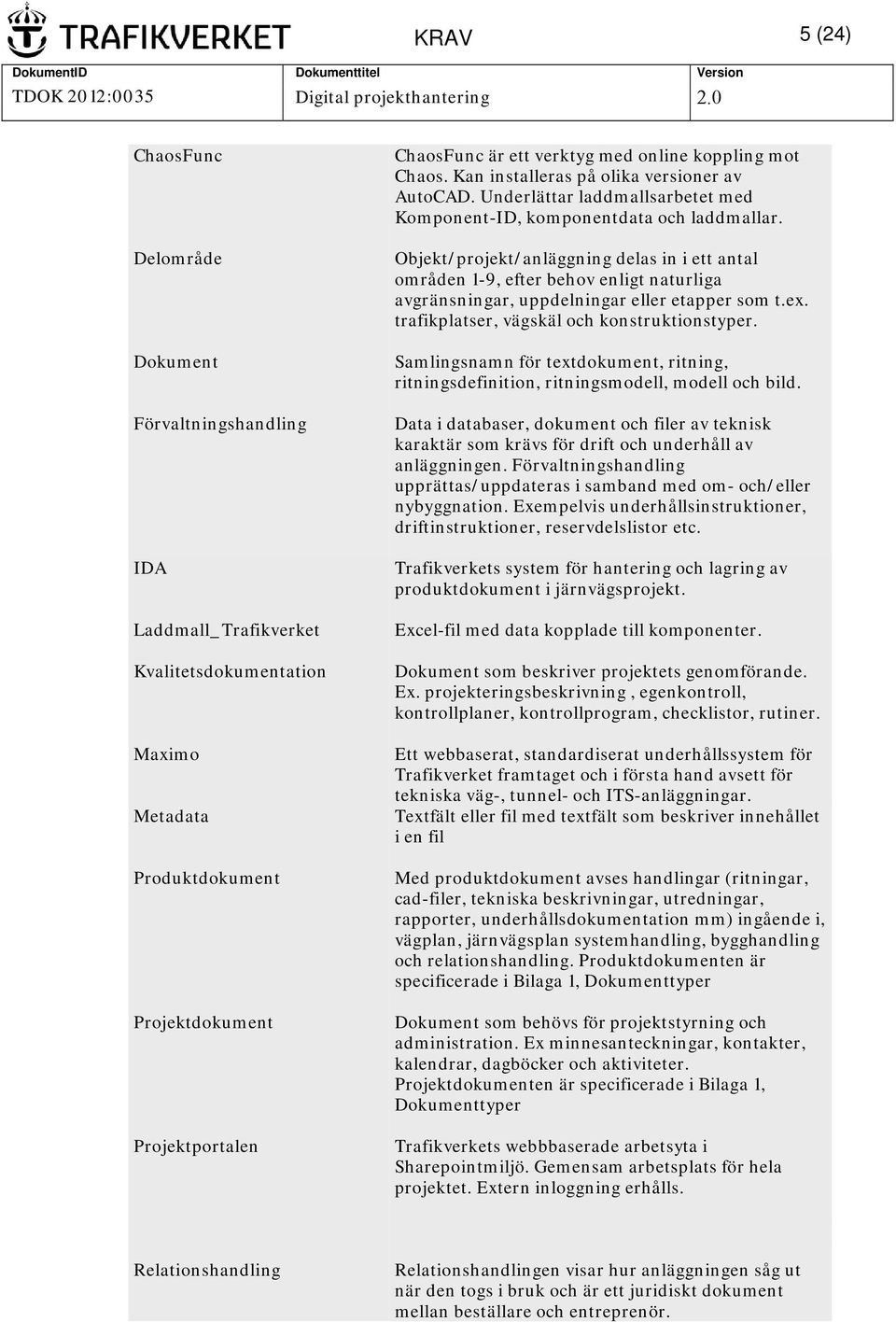 Objekt/projekt/anläggning delas in i ett antal områden 1-9, efter behov enligt naturliga avgränsningar, uppdelningar eller etapper som t.ex. trafikplatser, vägskäl och konstruktionstyper.