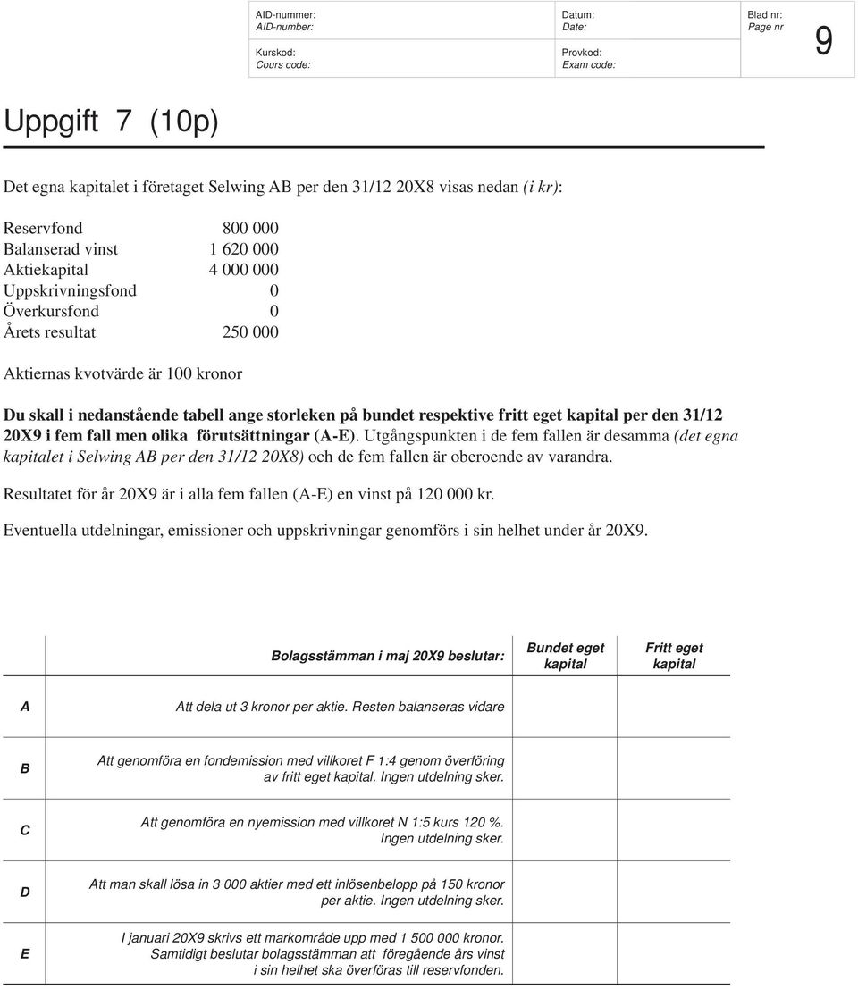 förutsättningar (A-E). Utgångspunkten i de fem fallen är desamma (det egna kapitalet i Selwing AB per den 31/12 20X8) och de fem fallen är oberoende av varandra.