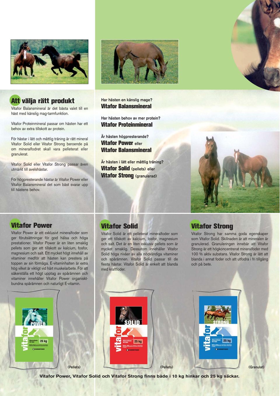 Vitafor Solid eller Vitafor Strong passar även utmärkt till avelshästar. För högpresterande hästar är Vitafor Power eller Vitafor Balansmineral det som bäst svarar upp till hästens behov.