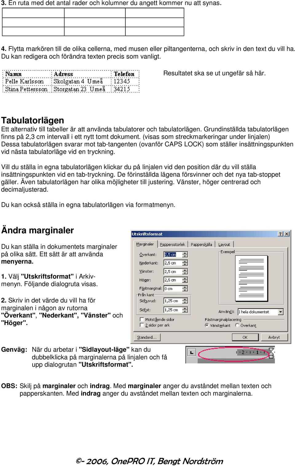 Grundinställda tabulatorlägen finns på 2,3 cm intervall i ett nytt tomt dokument.