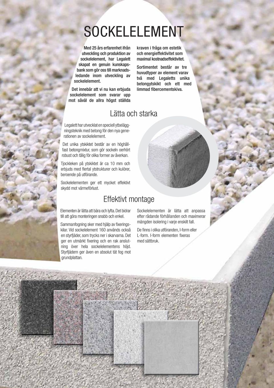 Sortimentet består av tre huvudtyper av element varav två med Legaletts unika betongytskikt och ett med limmad fibercementskiva.