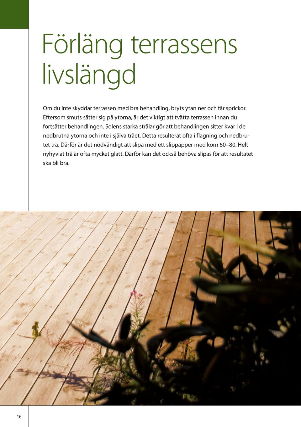 Solens starka strålar gör att behandlingen sitter kvar i de nedbrutna ytorna och inte i själva träet.