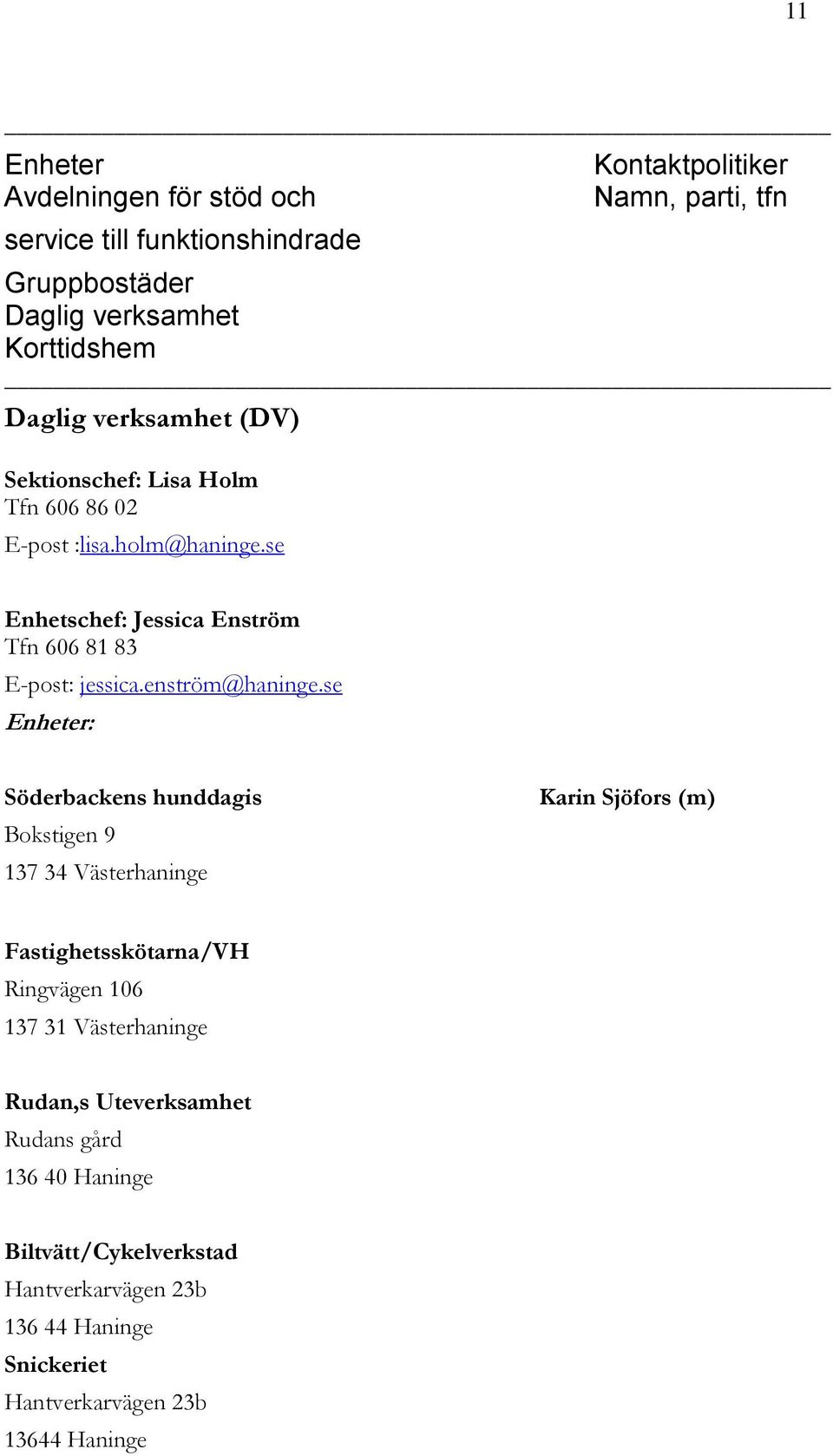 se : Söderbackens hunddagis Bokstigen 9 137 34 Västerhaninge Karin Sjöfors (m) Fastighetsskötarna/VH Ringvägen 106 137 31