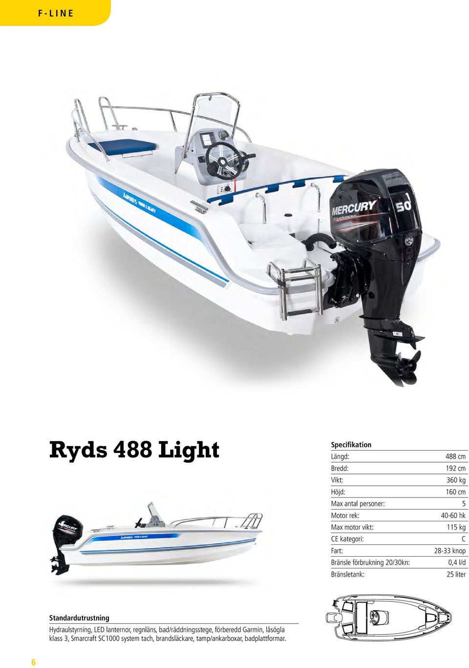 Hydraulstyrning, LED lanternor, regnläns, bad/räddningsstege, förberedd Garmin,