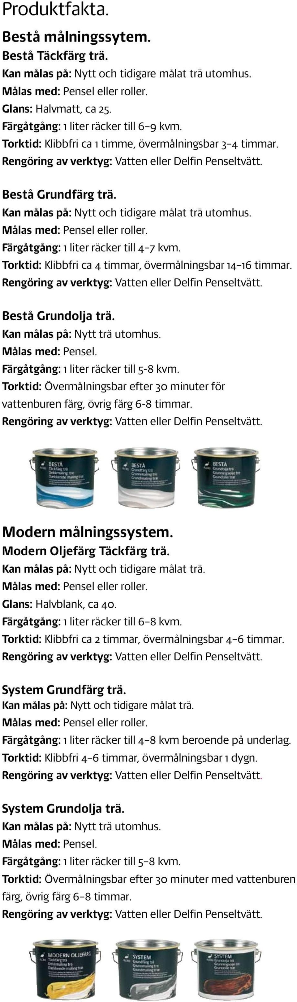 Torktid: Klibbfri ca 4 timmar, övermålningsbar 14 16 timmar. Bestå Grundolja trä. Kan målas på: Nytt trä utomhus. Målas med: Pensel. Färgåtgång: 1 liter räcker till 5-8 kvm.